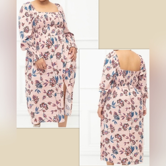 ELOQUII Elements Smocked Floral Print Blush Pink Midi Dress Sz 18 20 18/20 or 2X - Picture 1 of 11